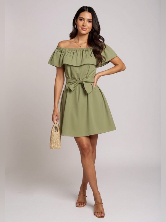 Mandalay and Co. Dresses & Skirts - Olive Green Ruffle Off Shoulder with Self Sash Dress